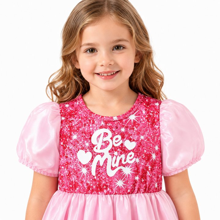 Close-up of the pink sequin bodice, Be Mine graphic and satin puff sleeves on a child model.