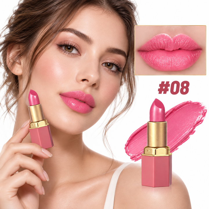 Model wearing gold bar lipstick shade 08 with matching product, lip close-up and swatch on a clean white background.