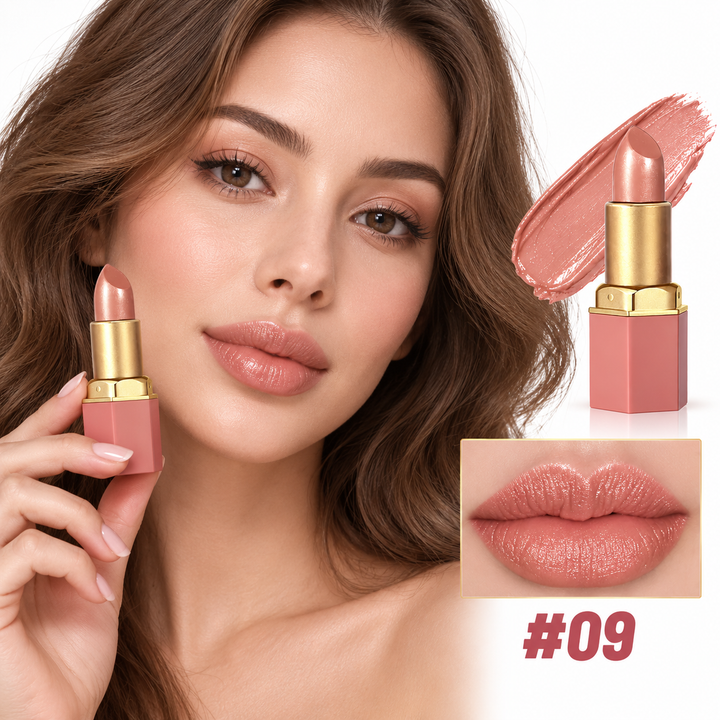 Model wearing gold bar lipstick shade 09 with matching product, lip close-up and swatch on a clean white background.