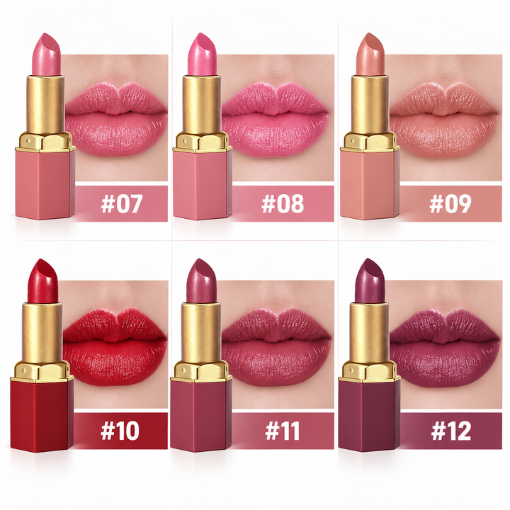 Gold lipstick shade chart showing six verified shades from 07 to 12 with matching lip color references on a white background.