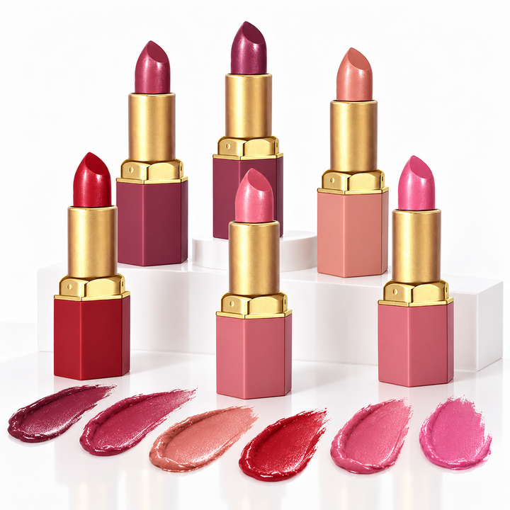 Six gold bar lipsticks arranged on a white studio set with matching swatches to show the verified shade range.