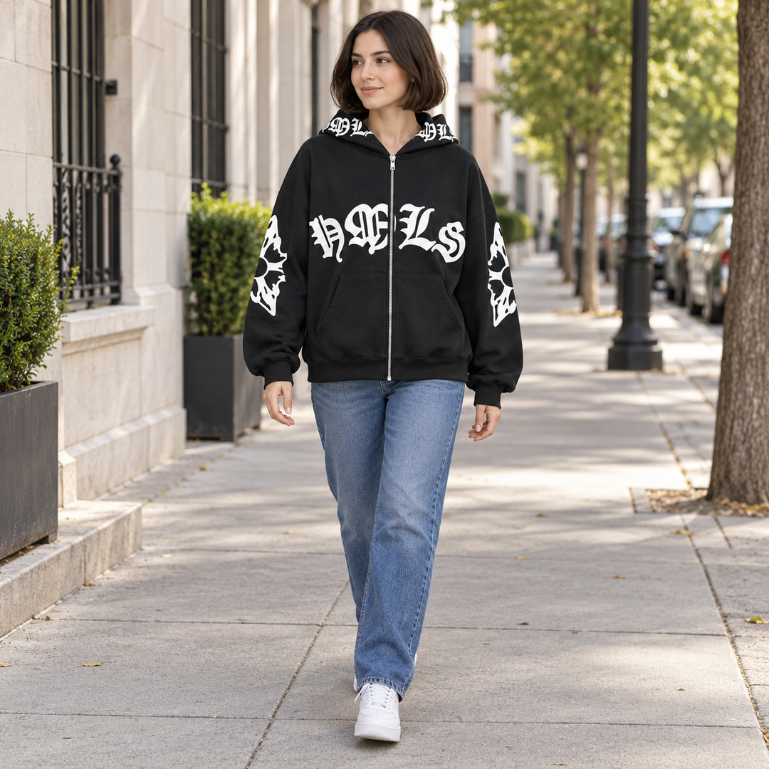 Full-body model wearing the black Gothic print zip hoodie