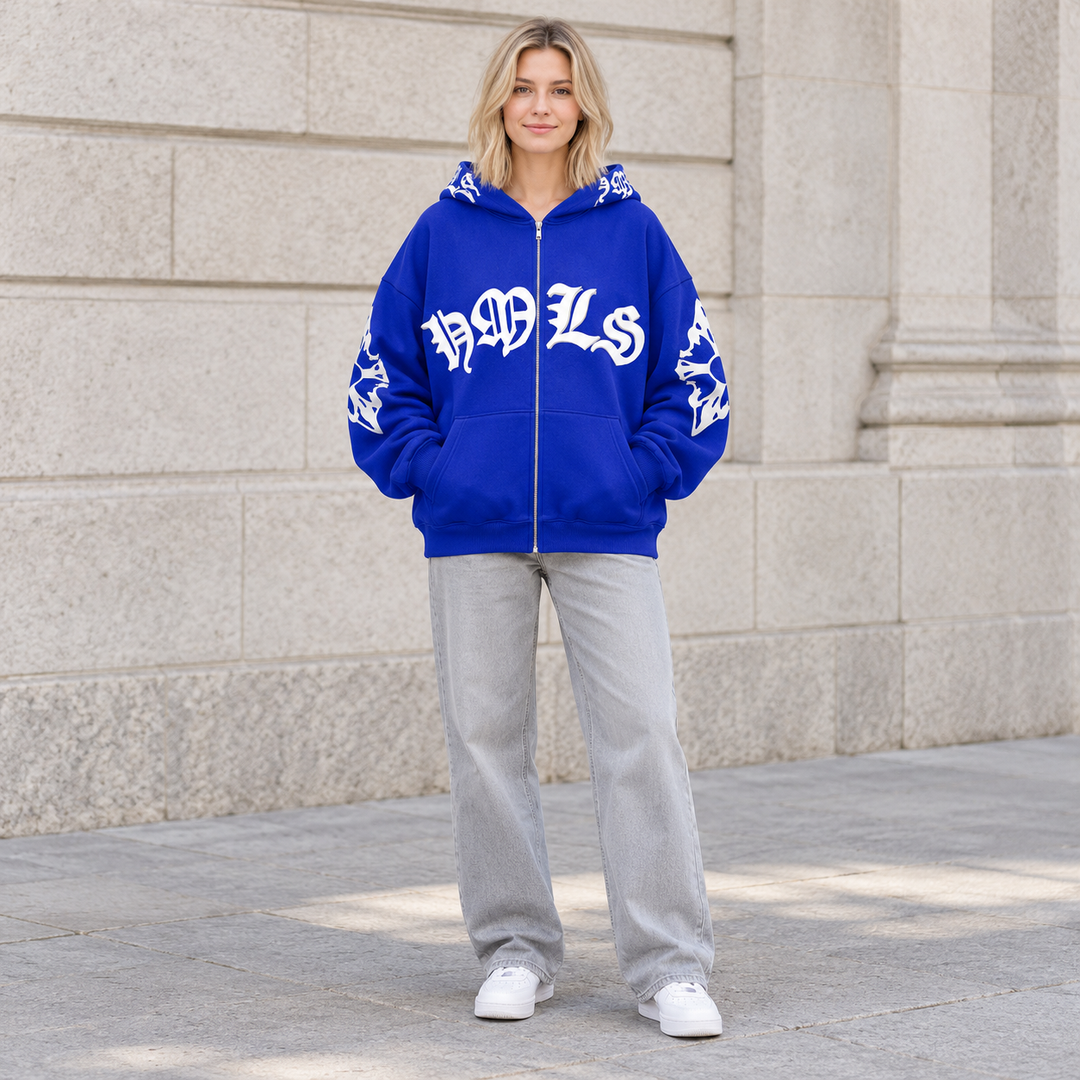 Full-body model wearing the blue Gothic print zip hoodie