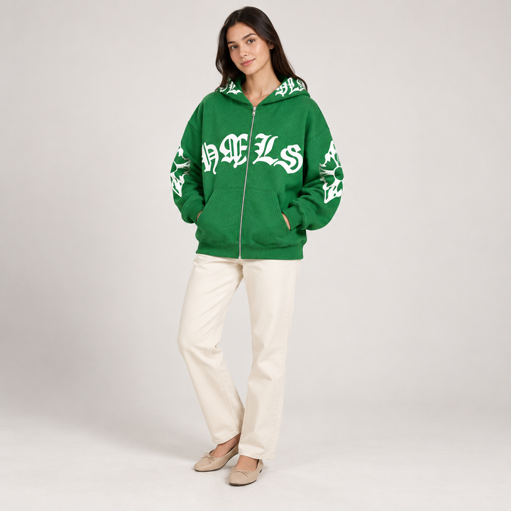 Full-body model wearing the green Gothic print zip hoodie
