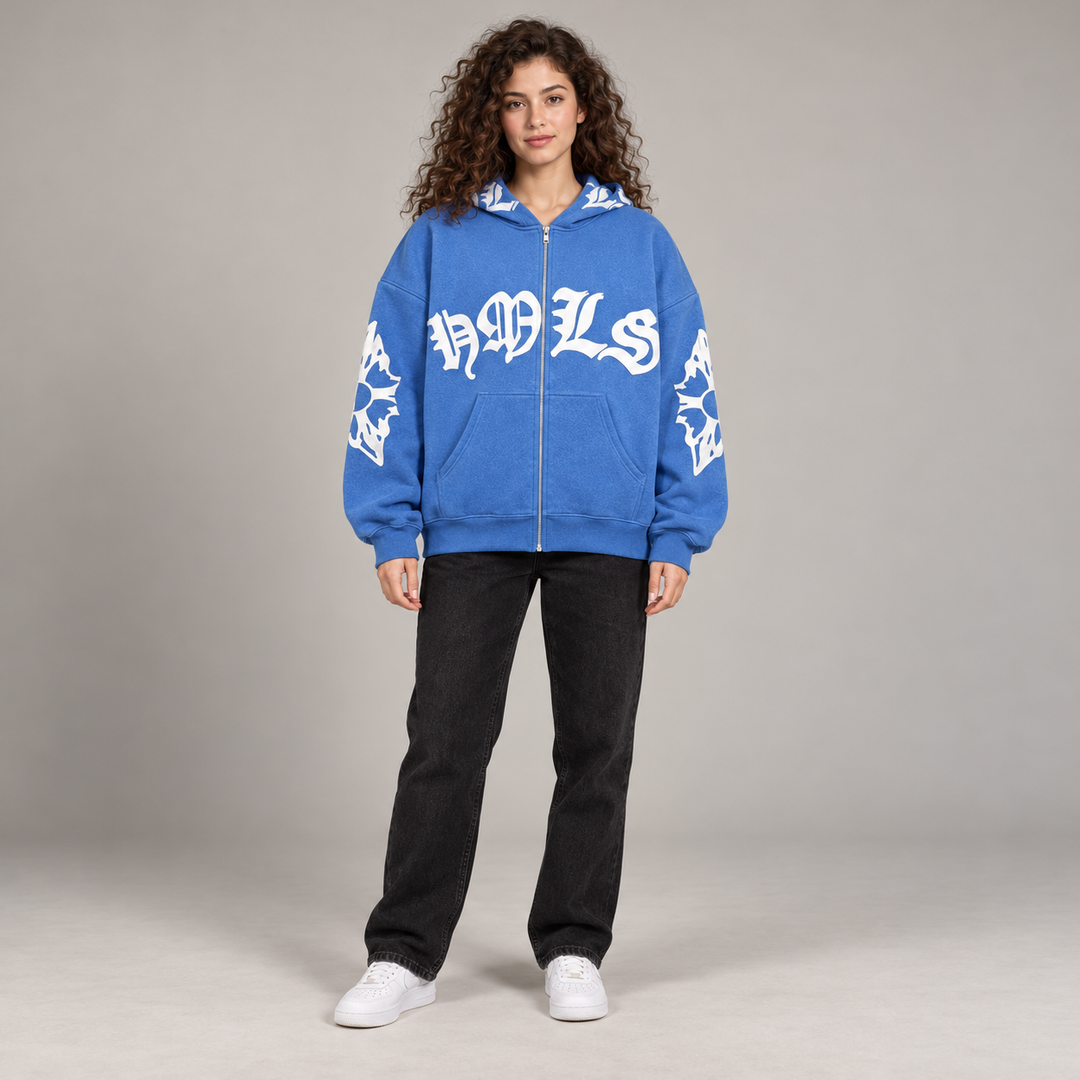 Full-body model wearing the light blue Gothic print zip hoodie