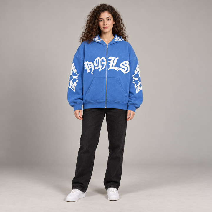 Full-body model wearing the light blue Gothic print zip hoodie