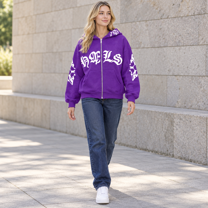 Full-body model wearing the purple Gothic print zip hoodie