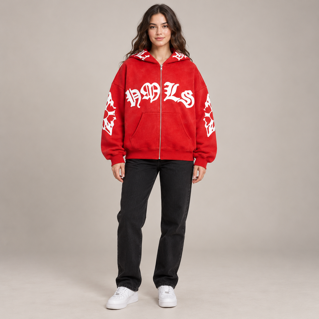 Full-body model wearing the red Gothic print zip hoodie