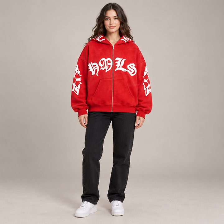 Full-body model wearing the red Gothic print zip hoodie
