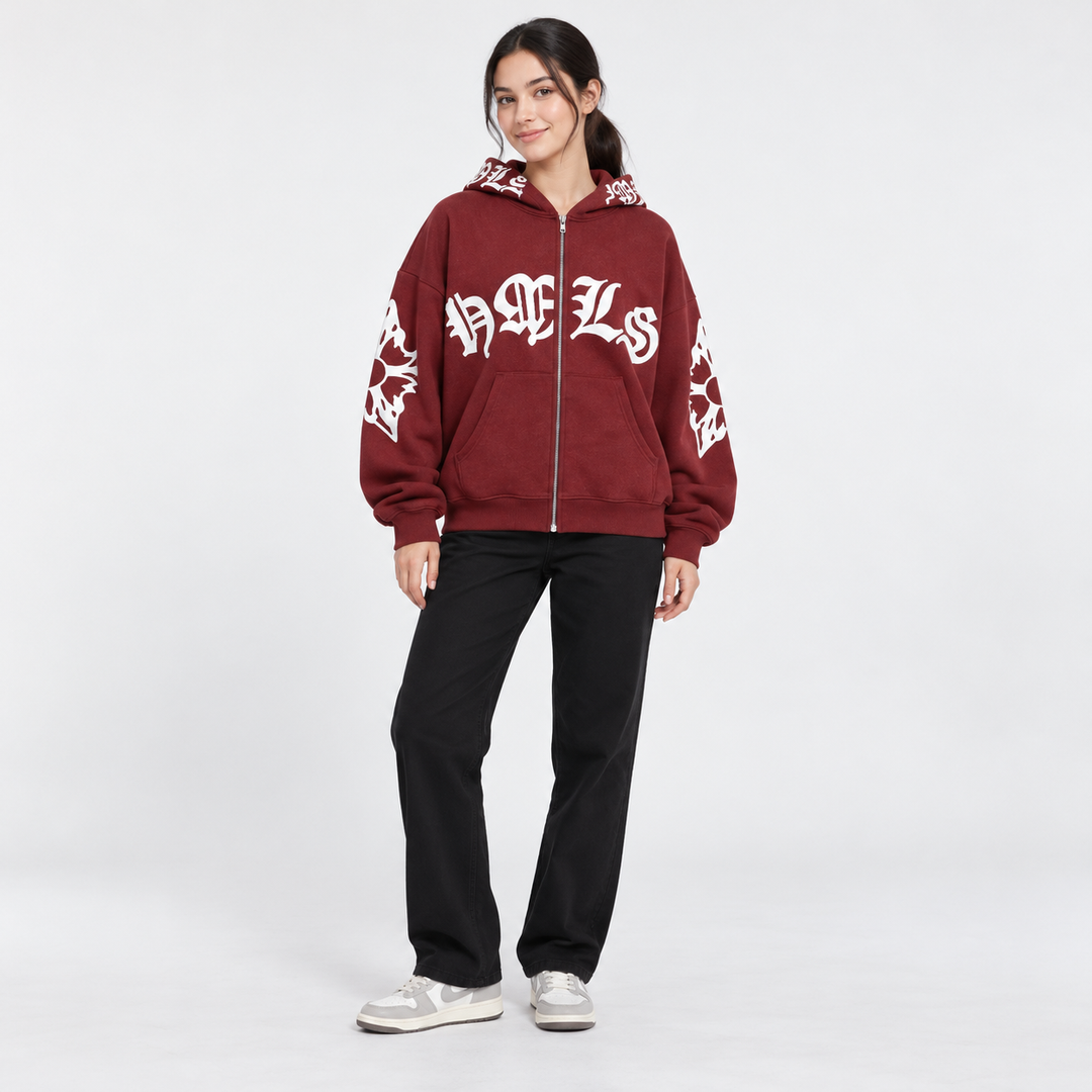 Full-body model wearing the wine red Gothic print zip hoodie