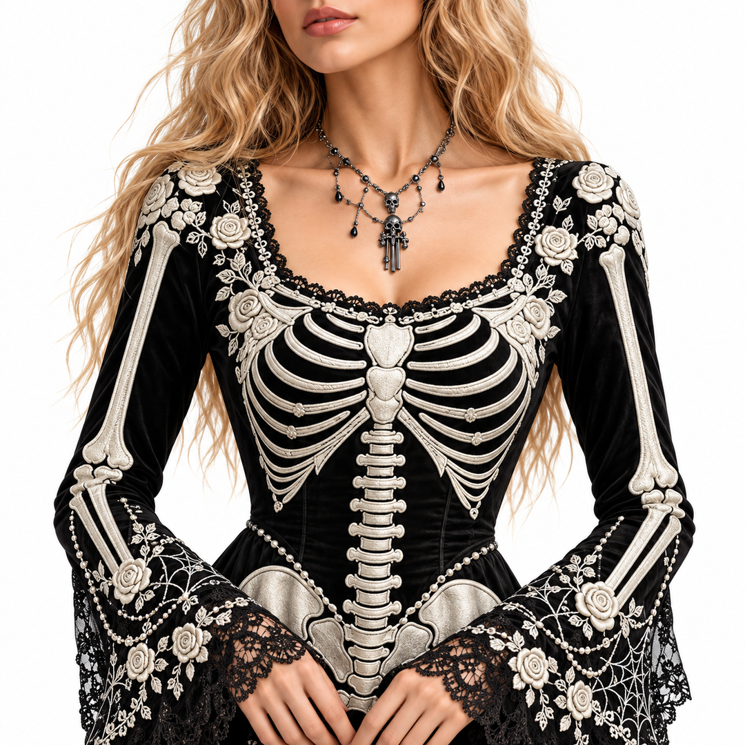 Close view of the black skeleton dress bodice and bell sleeves