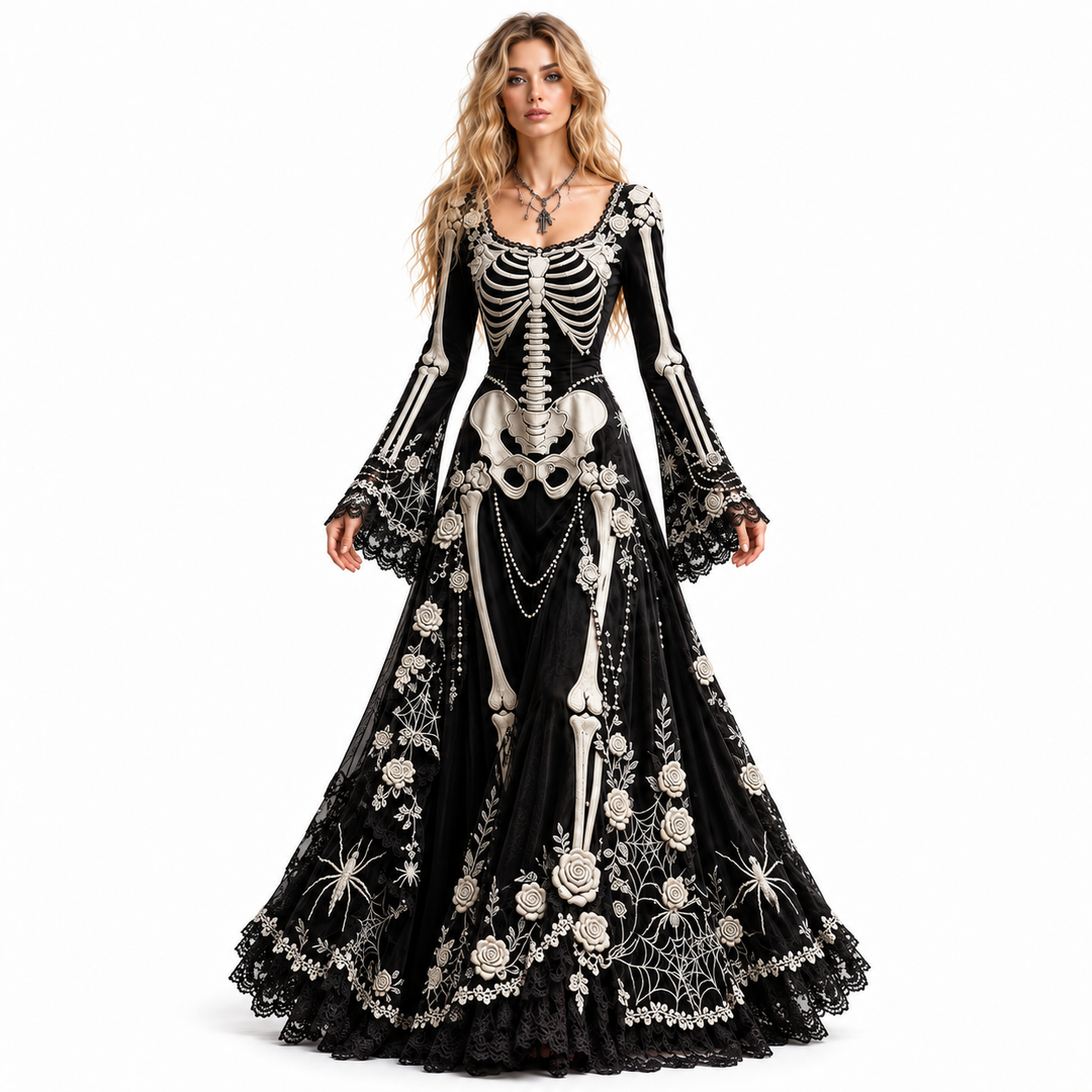 Black skeleton maxi dress shown full length from the front