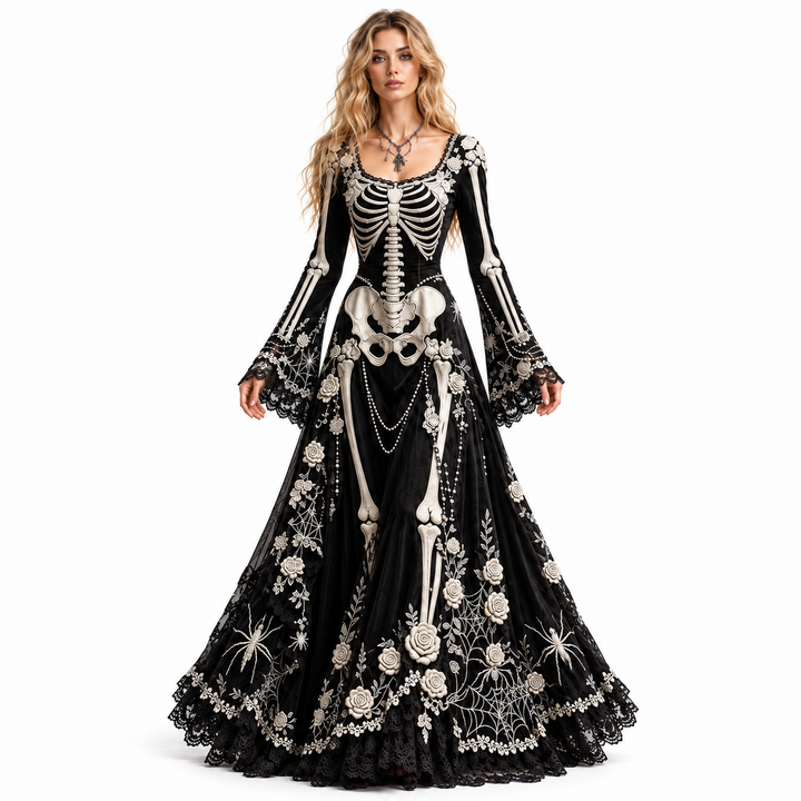 Black skeleton maxi dress shown full length from the front