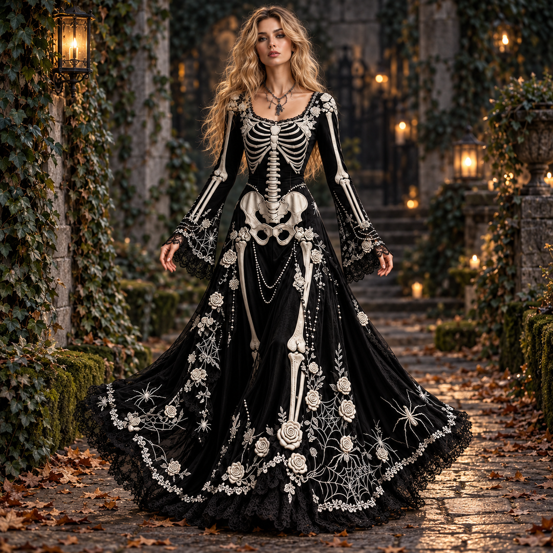 Black gothic skeleton maxi dress styled in a dark outdoor setting