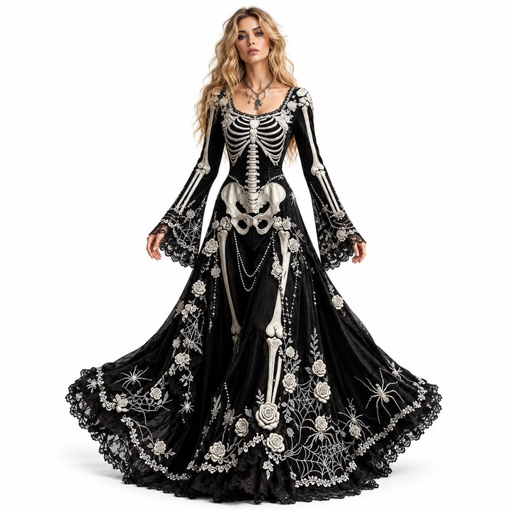 Black gothic skeleton maxi dress with bell sleeves and floral details
