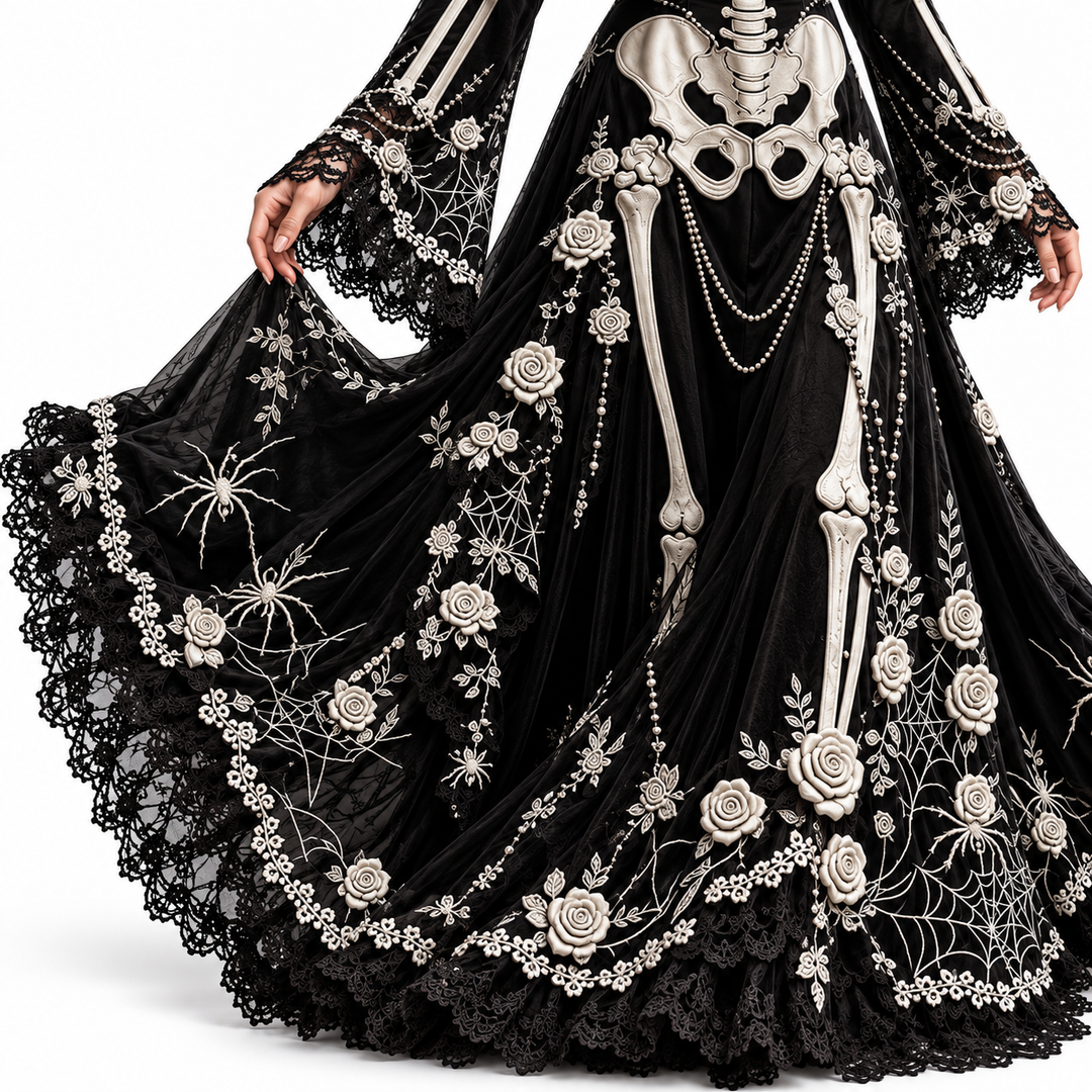 Black gothic dress skirt with skeleton, floral and web details