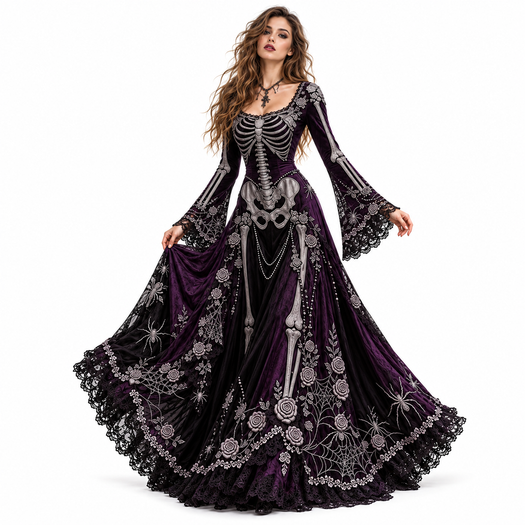 Dark Purple gothic skeleton maxi dress with bell sleeves