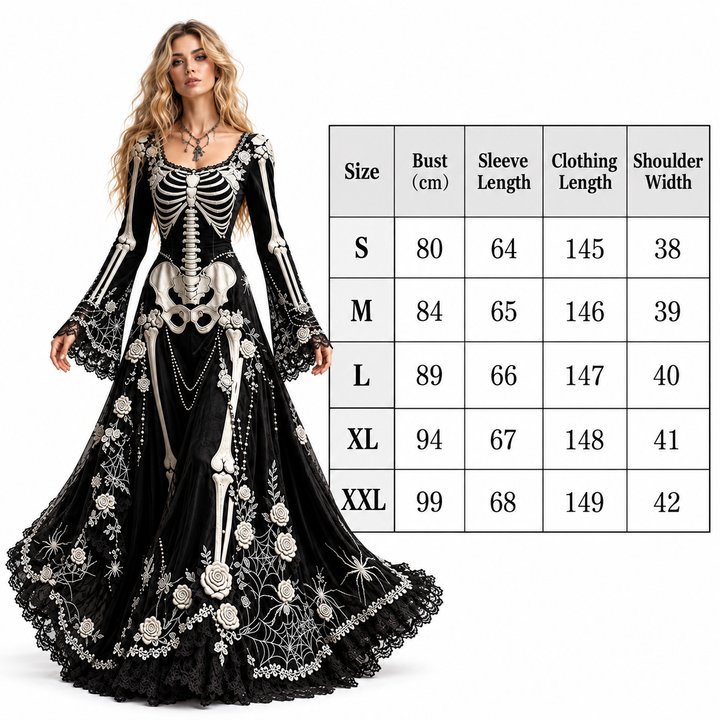 Gothic skeleton dress size chart with bust, sleeve, length and shoulder measurements