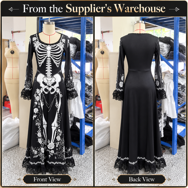 Supplier warehouse front and back views of the black skeleton dress