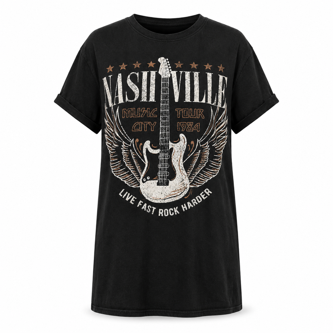 Black graphic tee dress product-only front view with round neck, short sleeves and Nashville guitar design.
