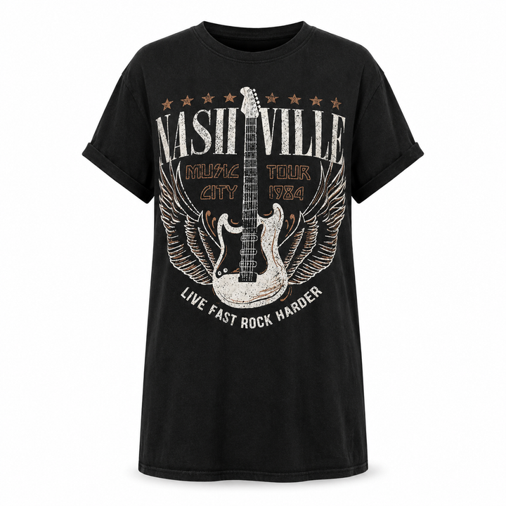 Black graphic tee dress product-only front view with round neck, short sleeves and Nashville guitar design.