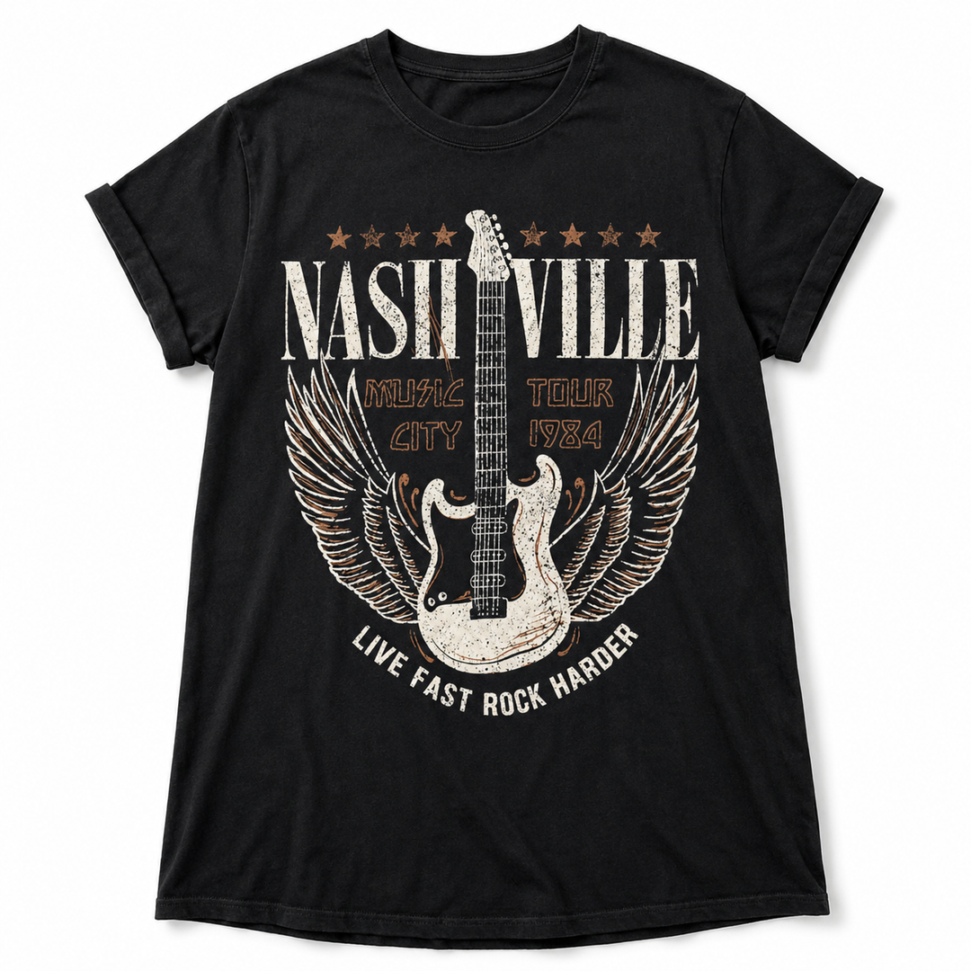 Black short sleeve tee dress laid flat, showing the complete Nashville guitar and wings graphic.