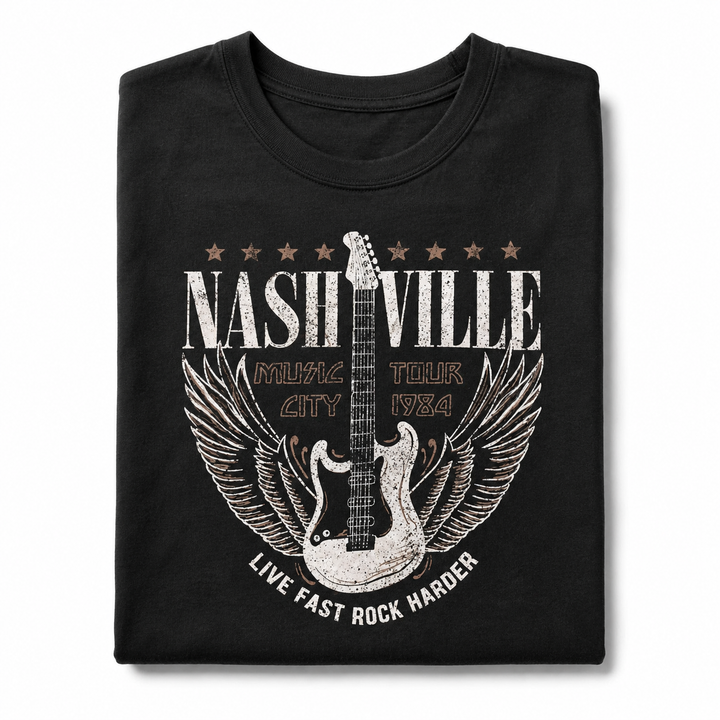 Folded black graphic tee dress with the Nashville guitar and wings design visible on a white background.