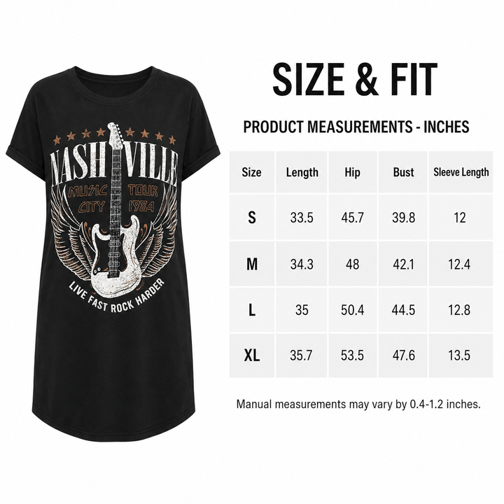Black Nashville graphic tee dress size chart in inches for sizes S, M, L and XL with garment measurements.
