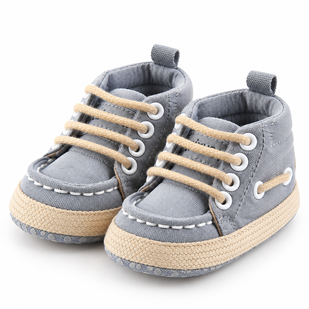 Gray baby canvas crib shoes three-quarter product view
