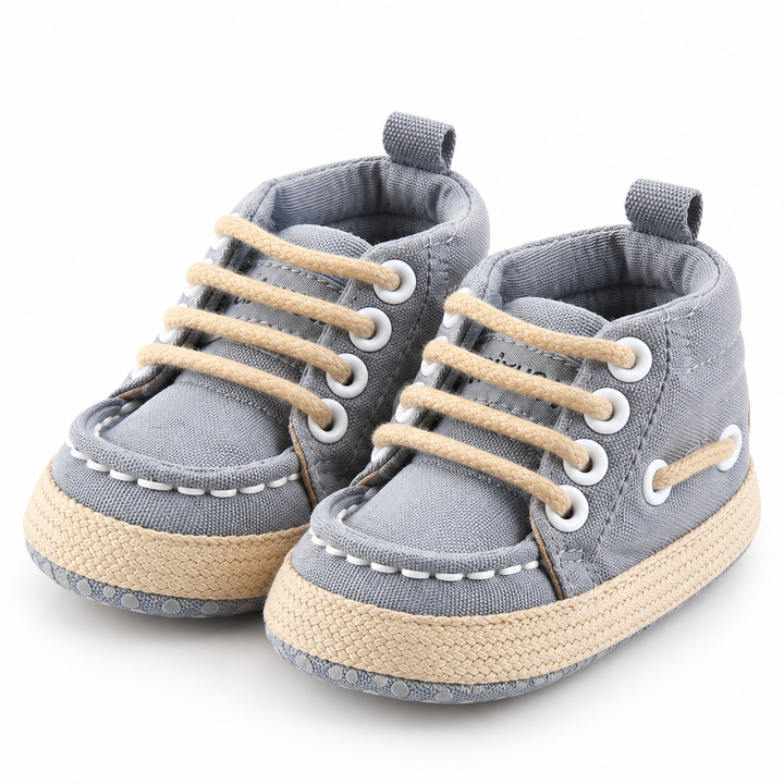 Gray baby canvas crib shoes three-quarter product view