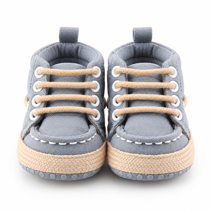 Gray baby canvas crib shoes front view with lace-up design