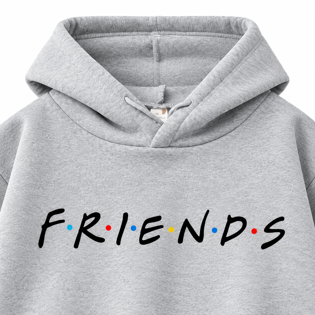 Gray hooded pullover front view with centered letter print, long sleeves and kangaroo pocket