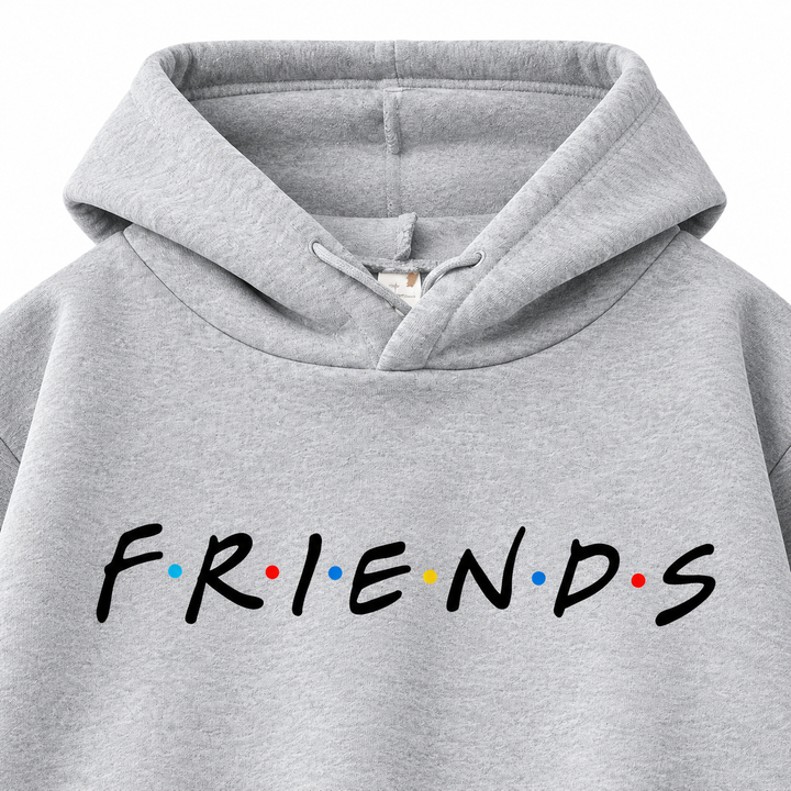 Gray hooded pullover front view with centered letter print, long sleeves and kangaroo pocket