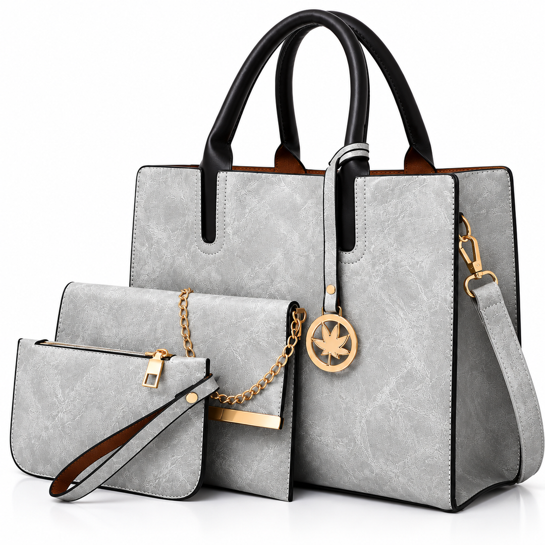 Gray PU handbag set - texture, stitching and gold hardware detail