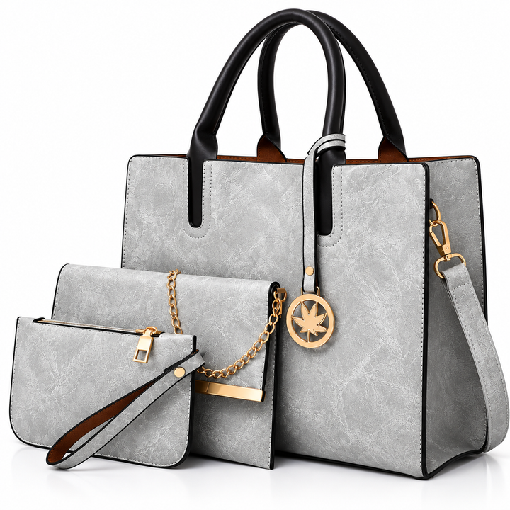 Gray PU handbag set - texture, stitching and gold hardware detail