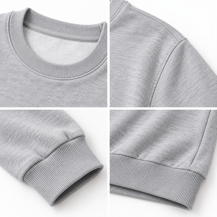 Close-up product details showing gray crewneck collar, sleeve cuff, seams and ribbed hem