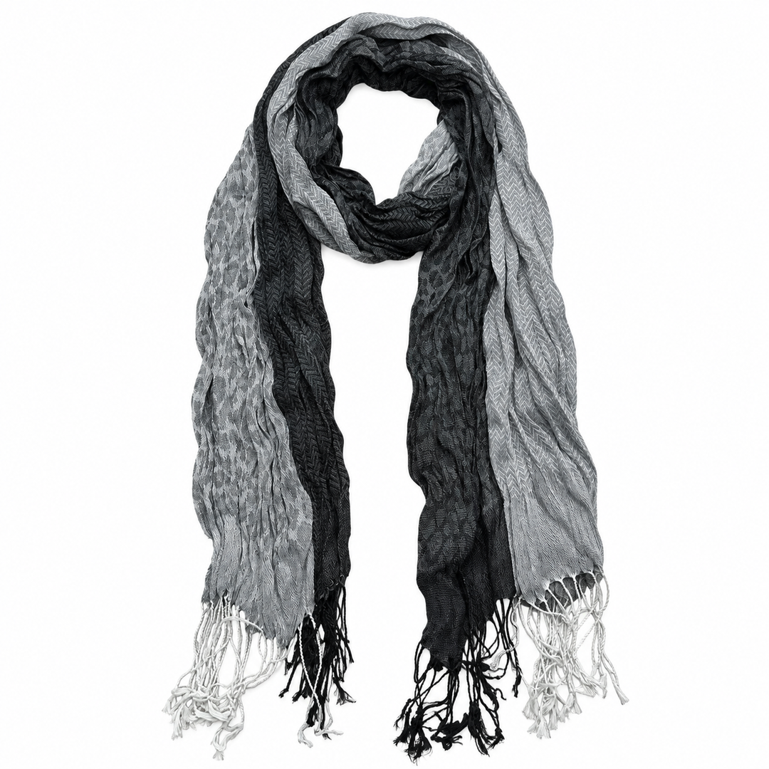 Front product view of the long jacquard wrap with full length and fringe visible.