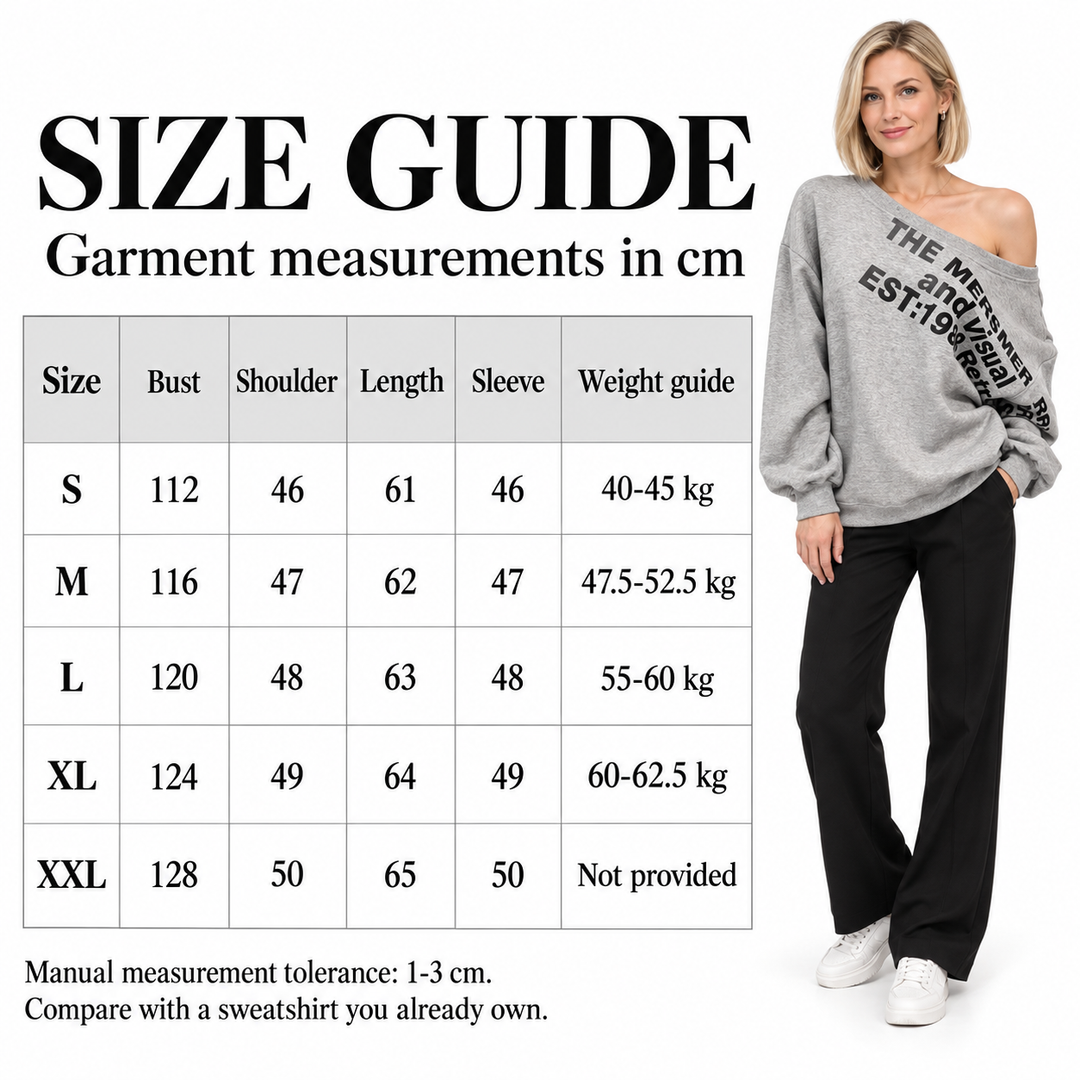 Size guide for S-XXL with bust, shoulder, length, sleeve and weight values, with a model wearing the grey patterned pullover.