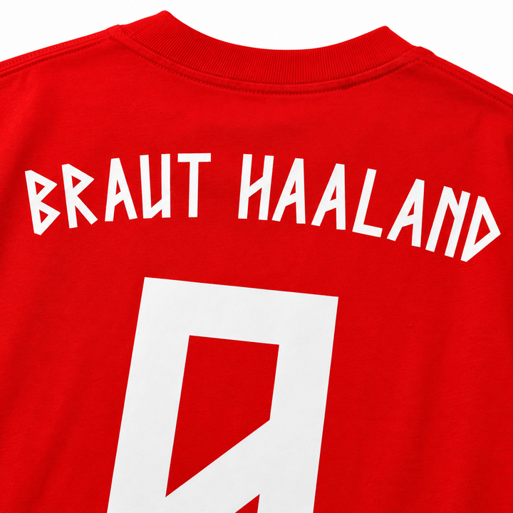 Red Haaland T-shirt close-up back print and neckline detail