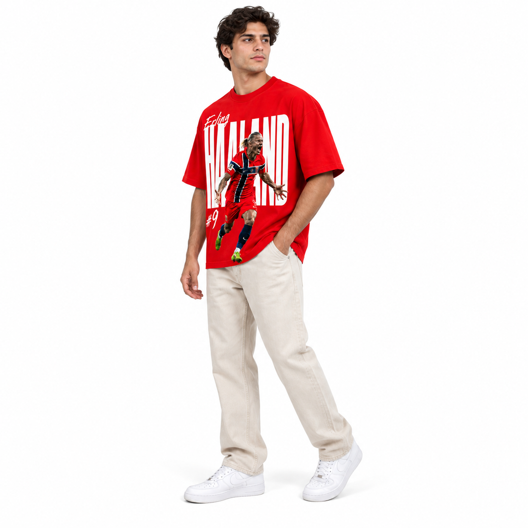 Red Haaland T-shirt back view with number 9 graphic