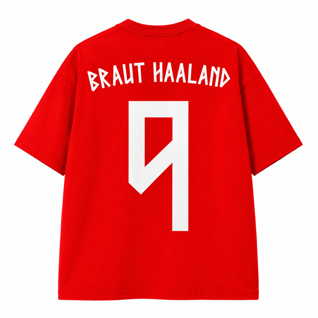 Red Haaland T-shirt front view with graphic print