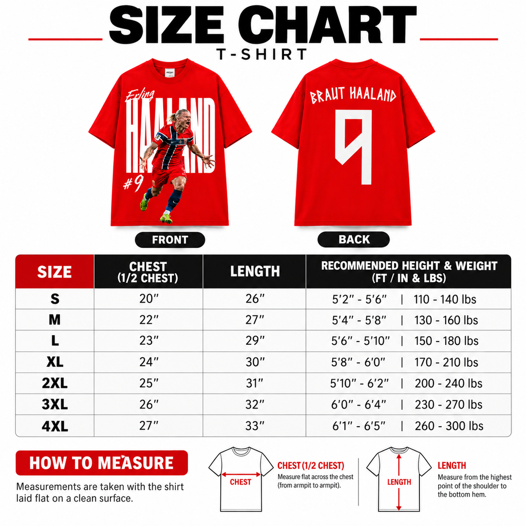 Red Haaland T-shirt size chart with verified measurements