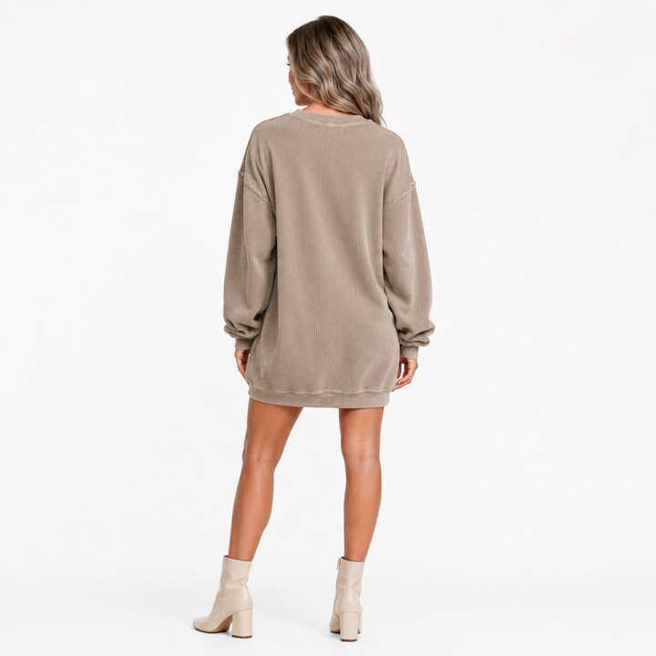 Halloween Ghost Sweatshirt in khaki corded knit - full back view showing oversized relaxed fit