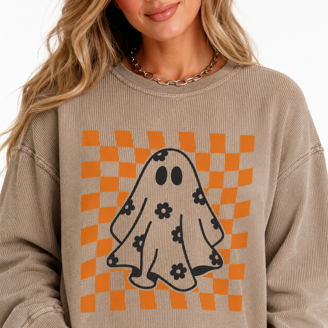 Close-up of Halloween Ghost Sweatshirt corded knit texture, crew neck stitching and floral ghost graphic