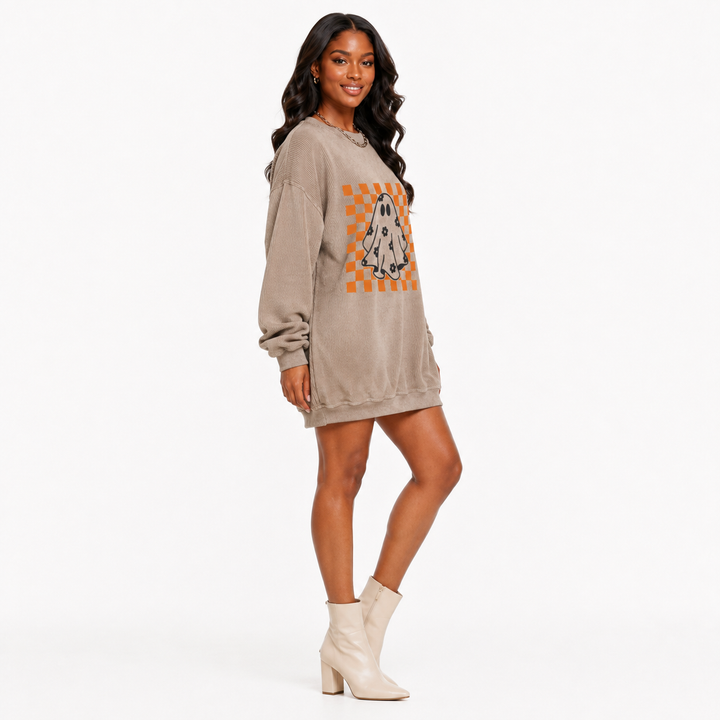 Halloween Ghost Sweatshirt with corded knit ghost print - side view showing loose oversized silhouette