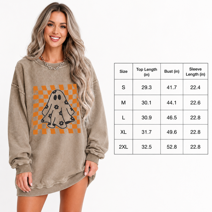 Halloween Ghost Sweatshirt size chart - S to 2XL with top length, bust and sleeve measurements in inches