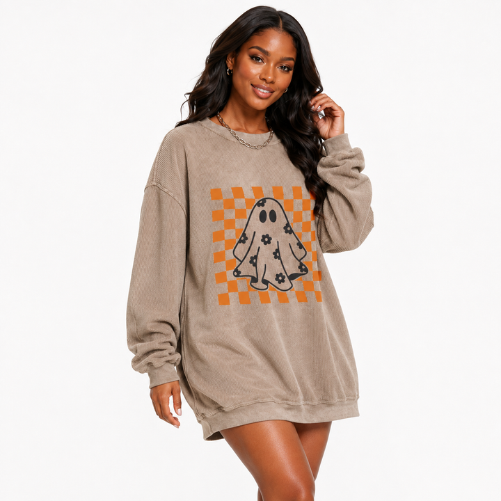 Halloween Ghost Sweatshirt with orange checkerboard floral ghost print - three-quarter product view