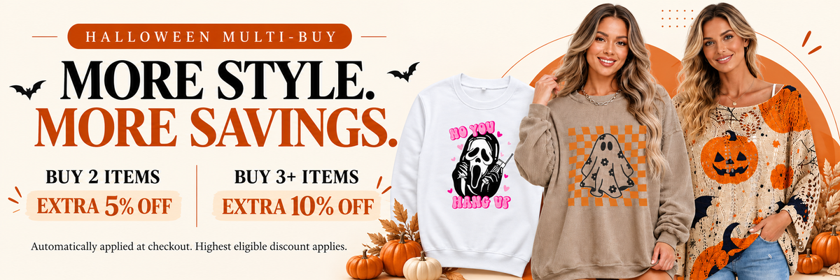 Halloween multi-buy: buy 2 items for extra 5% off or buy 3 or more for extra 10% off, applied at checkout