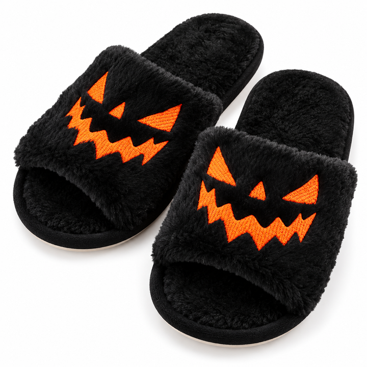 Black plush Halloween slippers with orange jack-o&