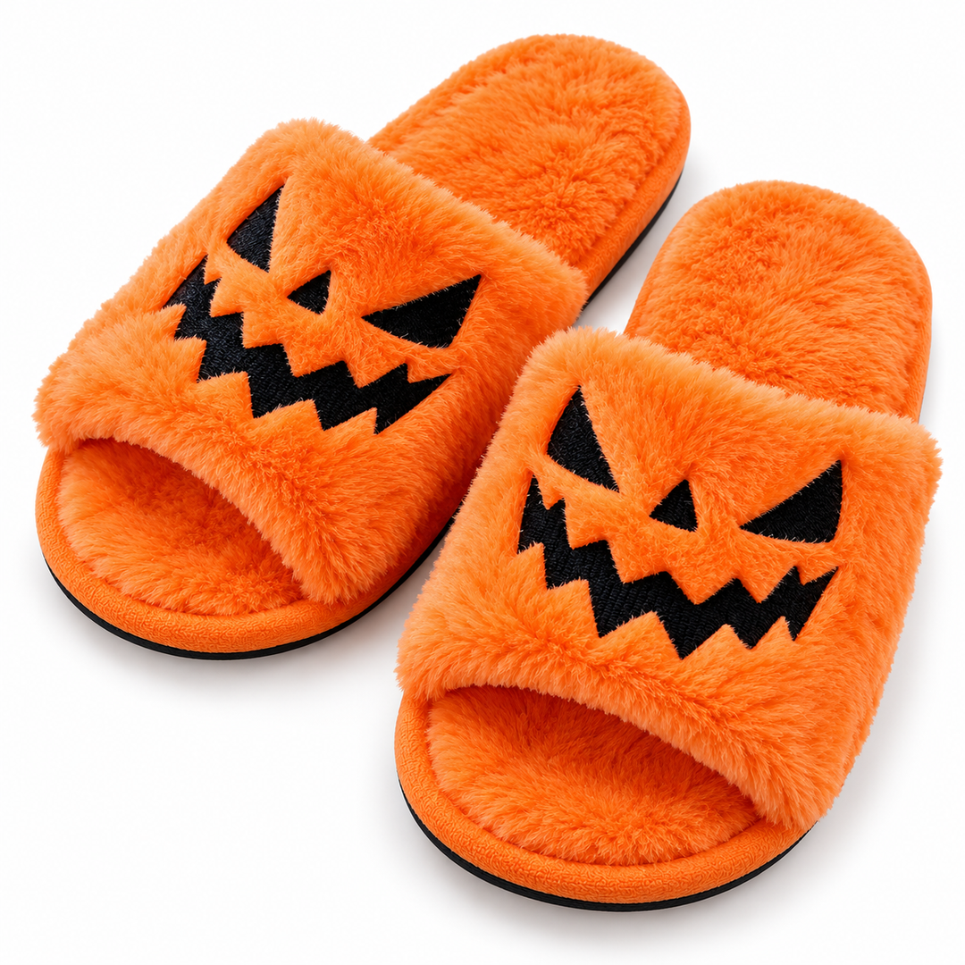 Orange plush Halloween slippers with black jack-o&